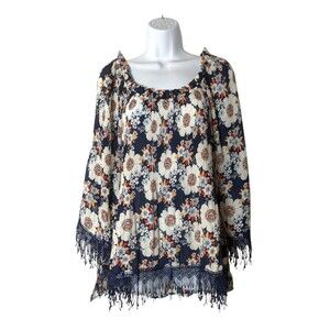 Spense Blue Floral Fringe Tunic Blouse Top XL Office Mature Lightweight Stretch